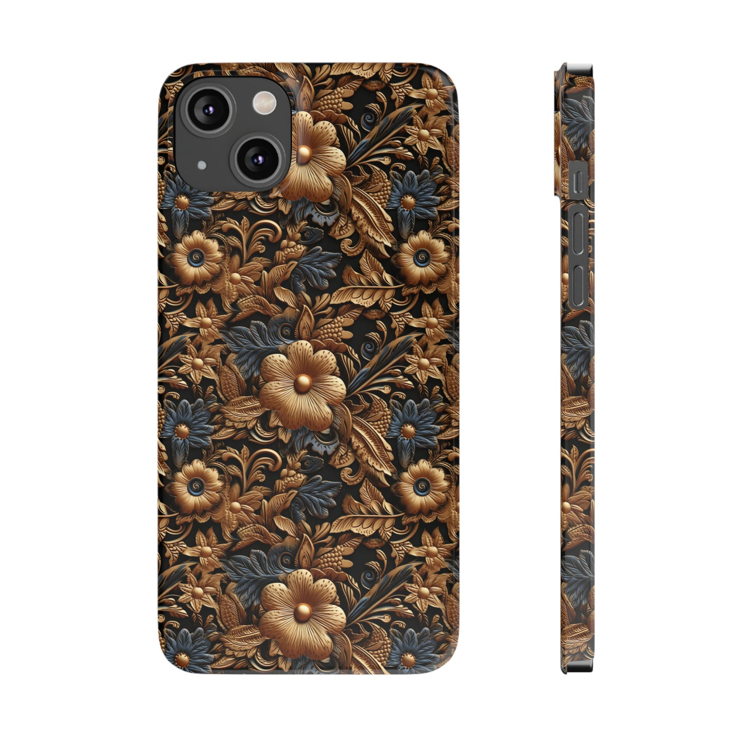 Tooled Leather Gold Flowers with Blue Leaves Accent Print Design Iphone 15-12 Slim Phone Case