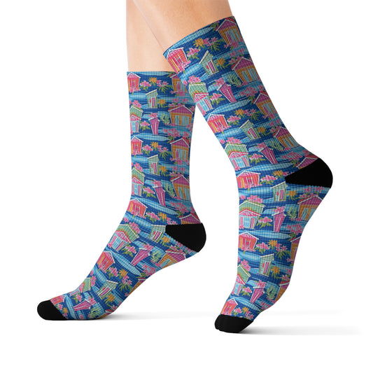 Seaside Serenade: Watercolor Beach Houses Amidst Blooming Florals Ribbed Crew Socks