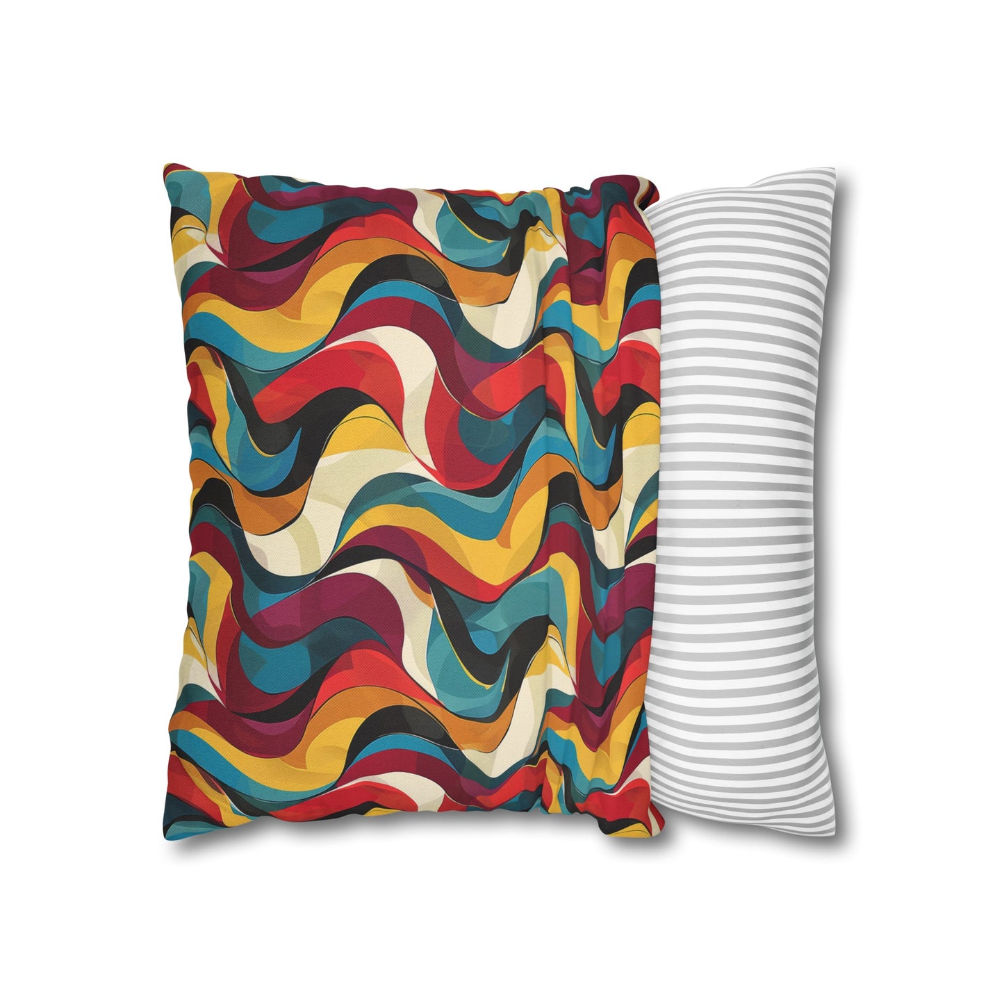 Retro Chic Vintage Blues, Reds and Yellow Waves Spun Polyester Square Pillowcase 4 Sizes