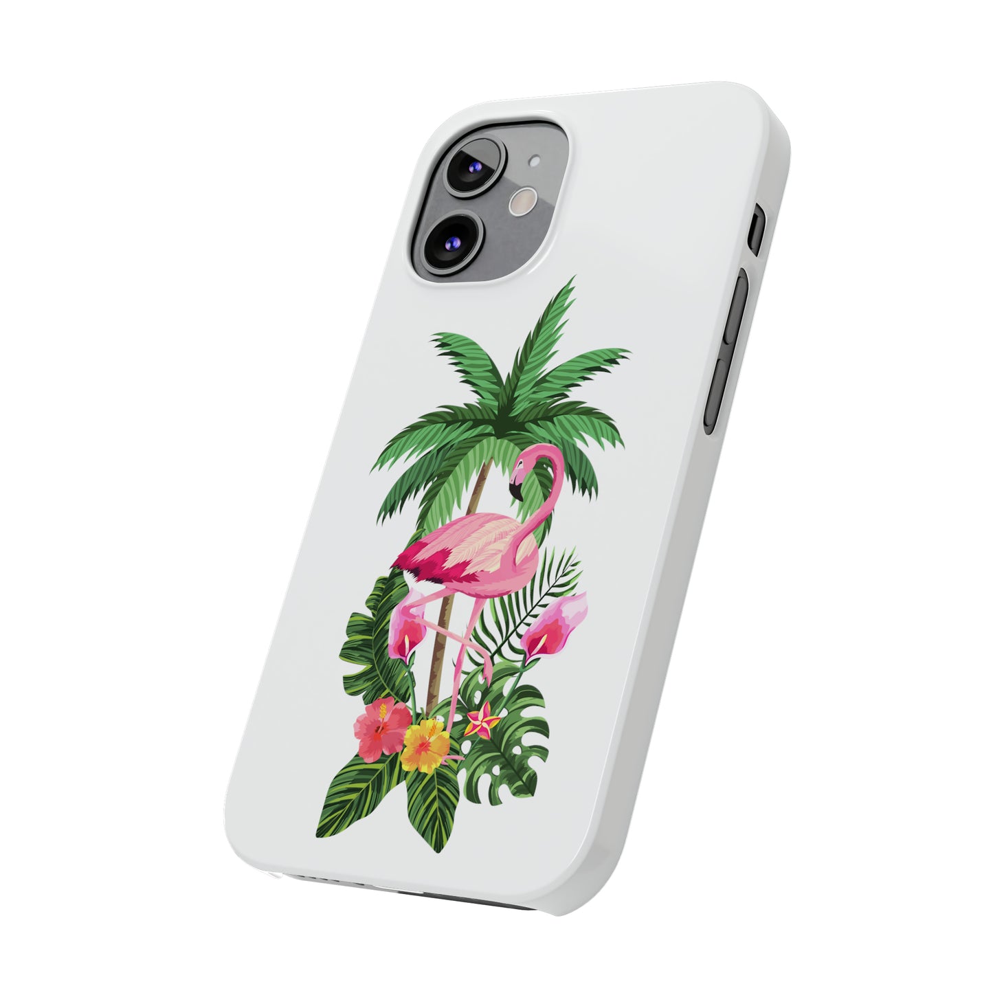 Tropical Pink Flamingo and Flowers White Background Iphone 15-12 Slim Phone Case