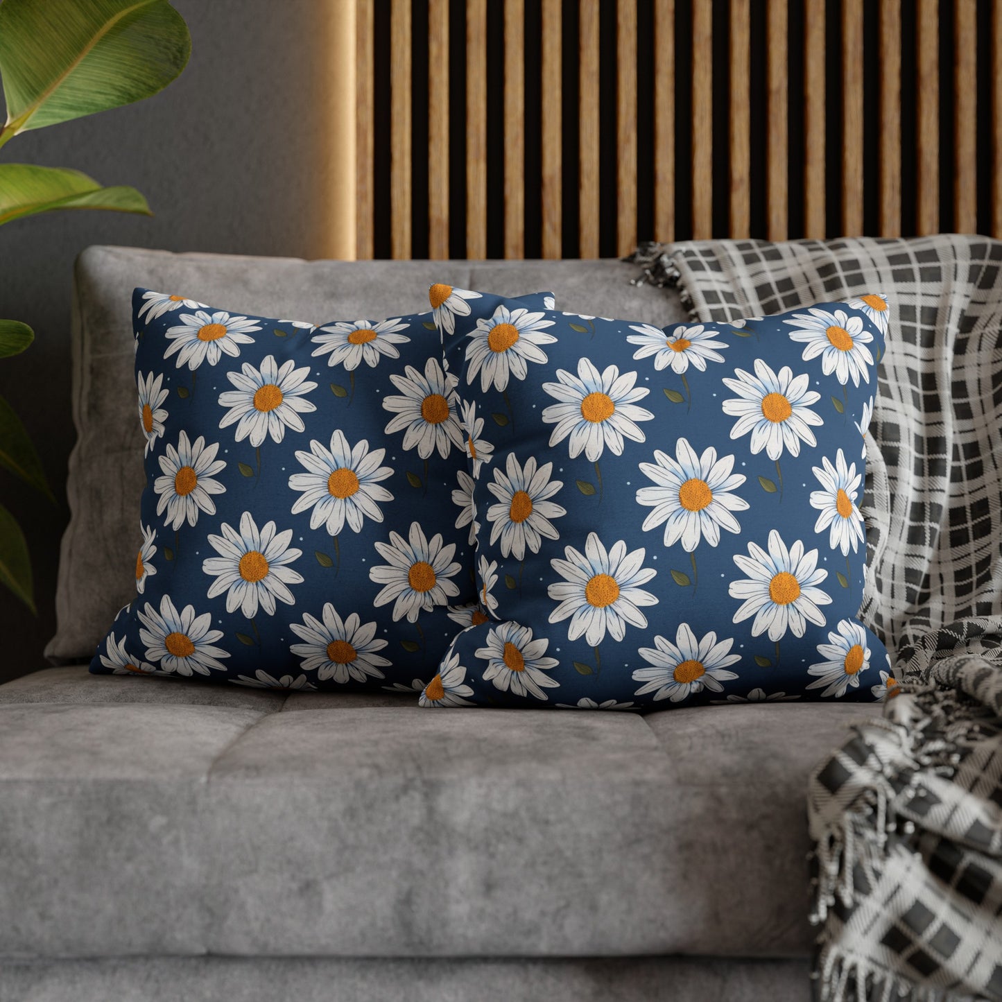 Elegant White Daisies on Navy Blue Background Spun Polyester Square Pillowcase 4 Sizes