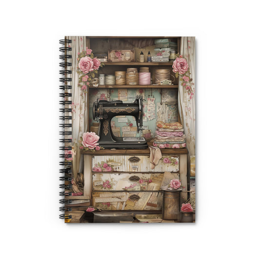 Seamstress at Work Amidst Sewing Machines and Blooming Flowers in Her Vintage Shop - Spiral Notebook Ruled Line 6"x8"