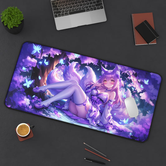 Anime Kitsune Fox Girl Mousepad, Fantasy Forest Glowing Butterflies Desk Mat, Extra Large Mousepad, Gaming Desk Mat, Desktop Accessory