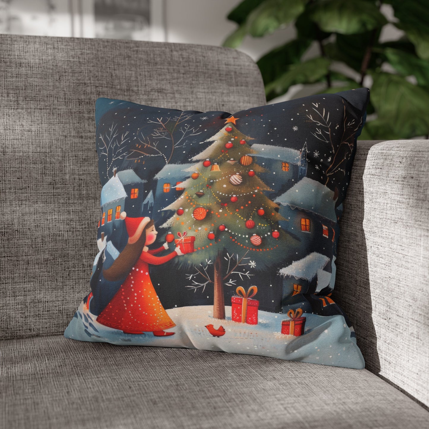 Joyful Surprise: Little Girl Admiring Christmas Tree with Presents Spun Polyester Square Pillowcase 4 Sizes