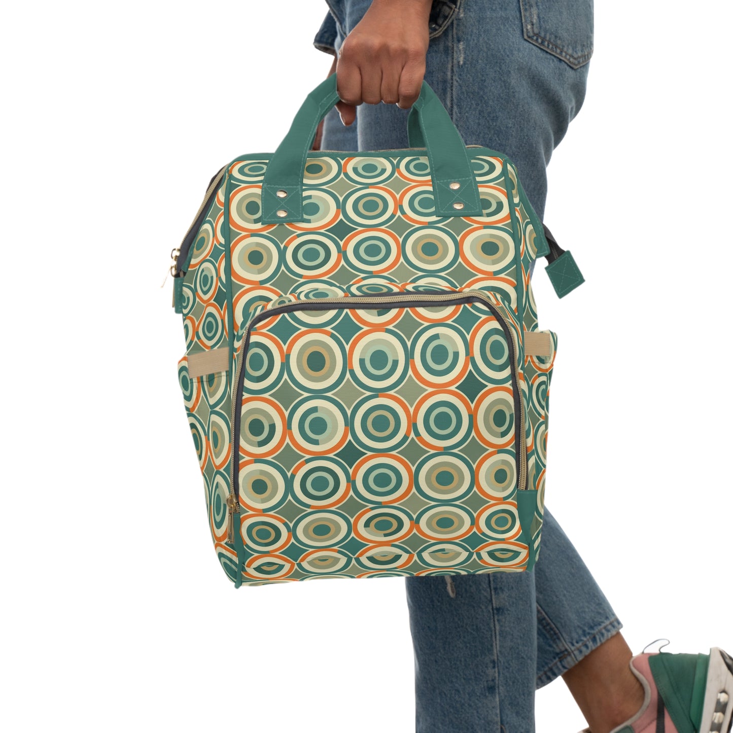 Retro Vintage Circle Pattern in Teal and Orange Multifunctional Diaper Backpack