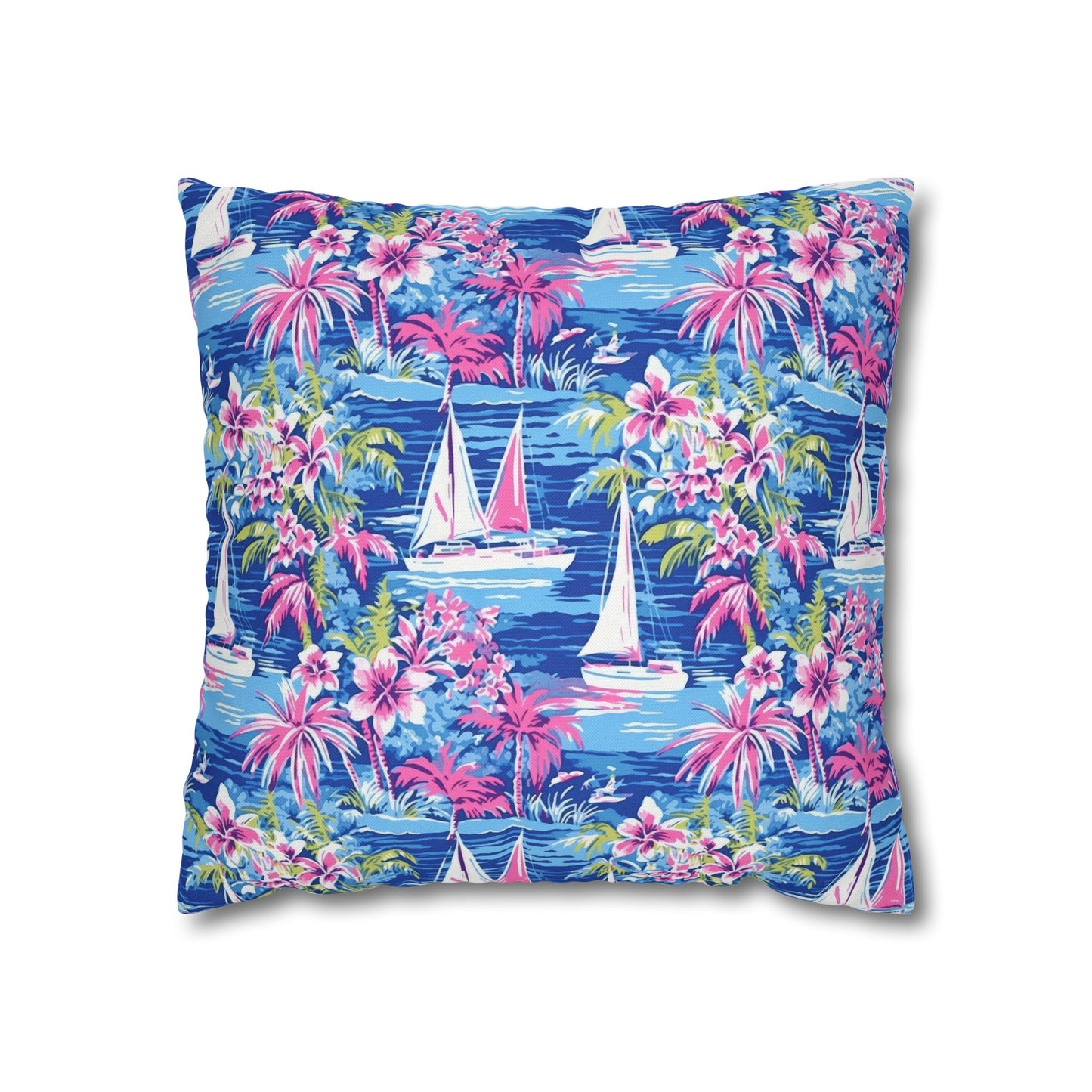 Sailing Tropics: Watercolor Sailboats Amidst Ocean Waves, Tropical Flowers, and Palm Trees Spun Polyester Square Pillowcase 4 Sizes