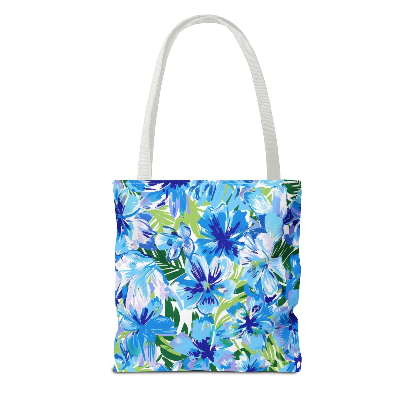 Azure Bloom Oasis: Bright Blue Large Flowers with Lush Green Palm Leaves  Canvas Tote Bag 3 Sizes