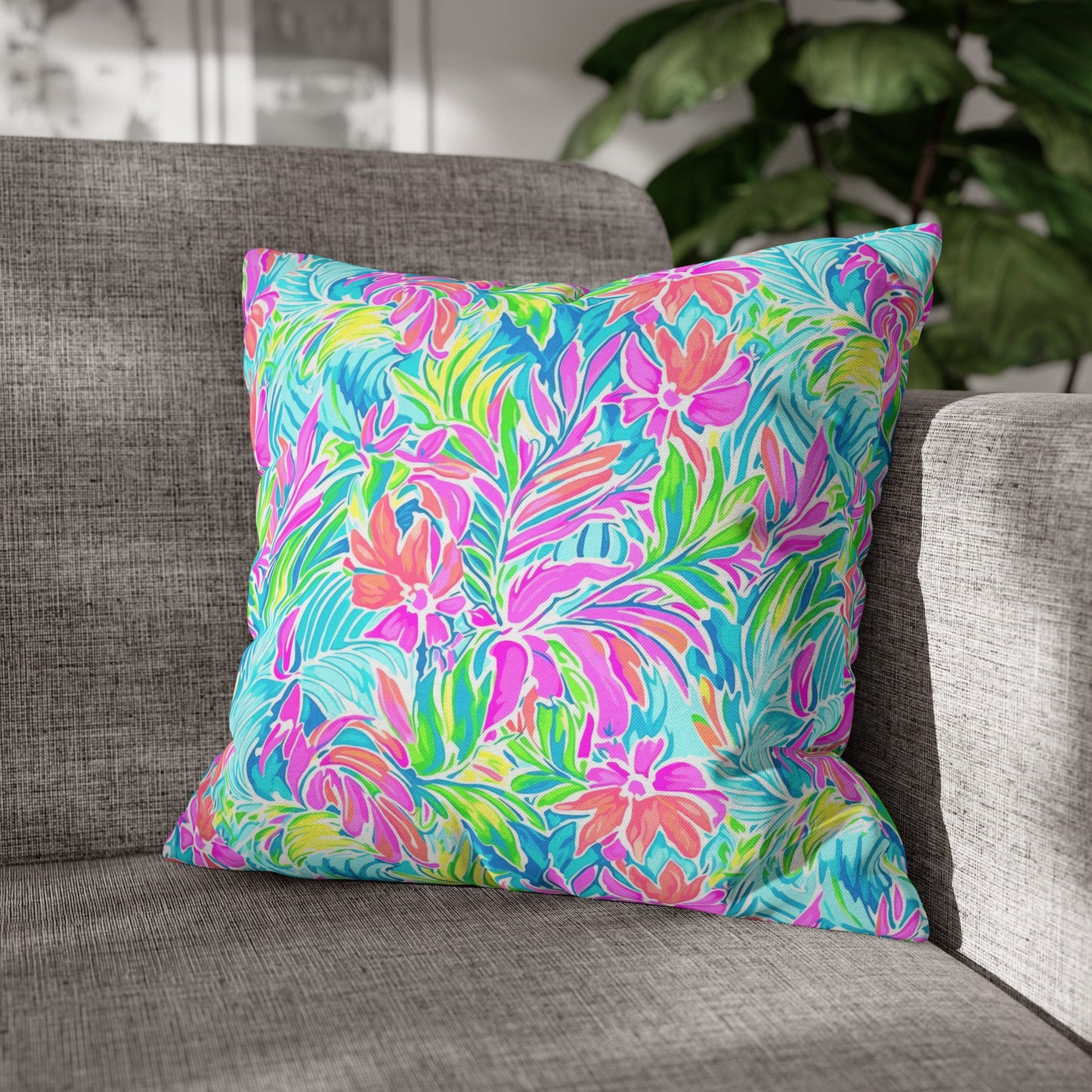 Neon Tropics: Vibrant Rainbow Flowers and Palm Leaves in Electric Splendor Spun Polyester Square Pillowcase 4 Sizes