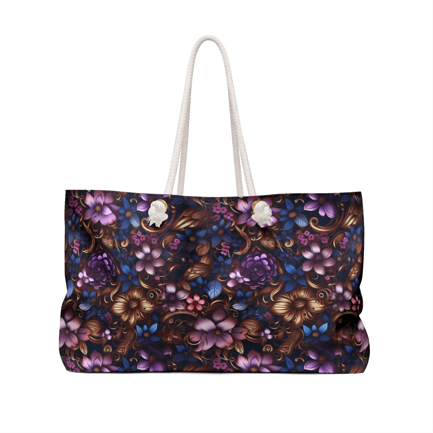 Steampunk Purple and Blue Flowers with Filigree and Gears and Mechanical Elements - Weekender Oversized Canvas Tote Bag 24" × 13"