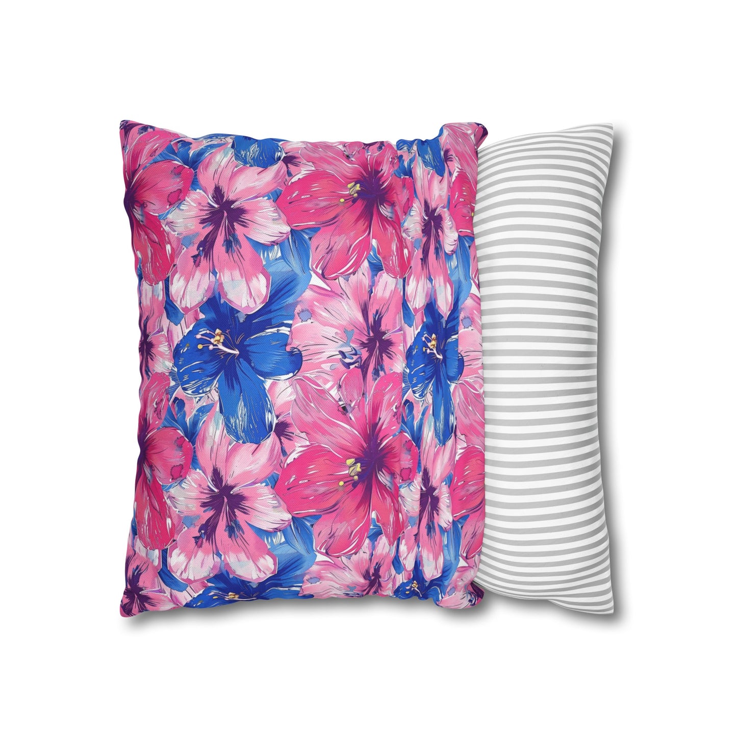 Blooming Bliss: Large Pink and Blue Blossoms in Full Bloom Spun Polyester Square Pillowcase 4 Sizes