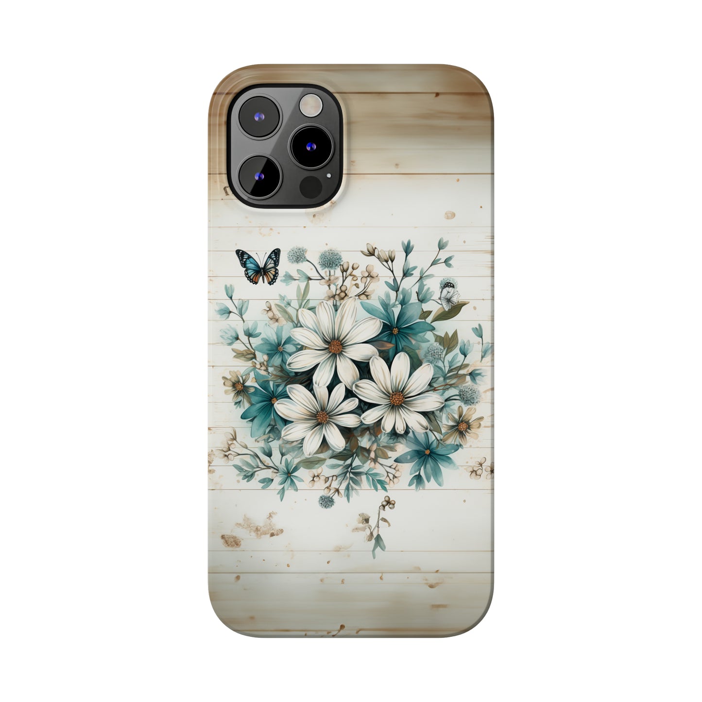 Rustic Charm Bouquet featuring Teal Accents White Wild Daisies with Butterflies  Iphone 15-12 Slim Phone Case