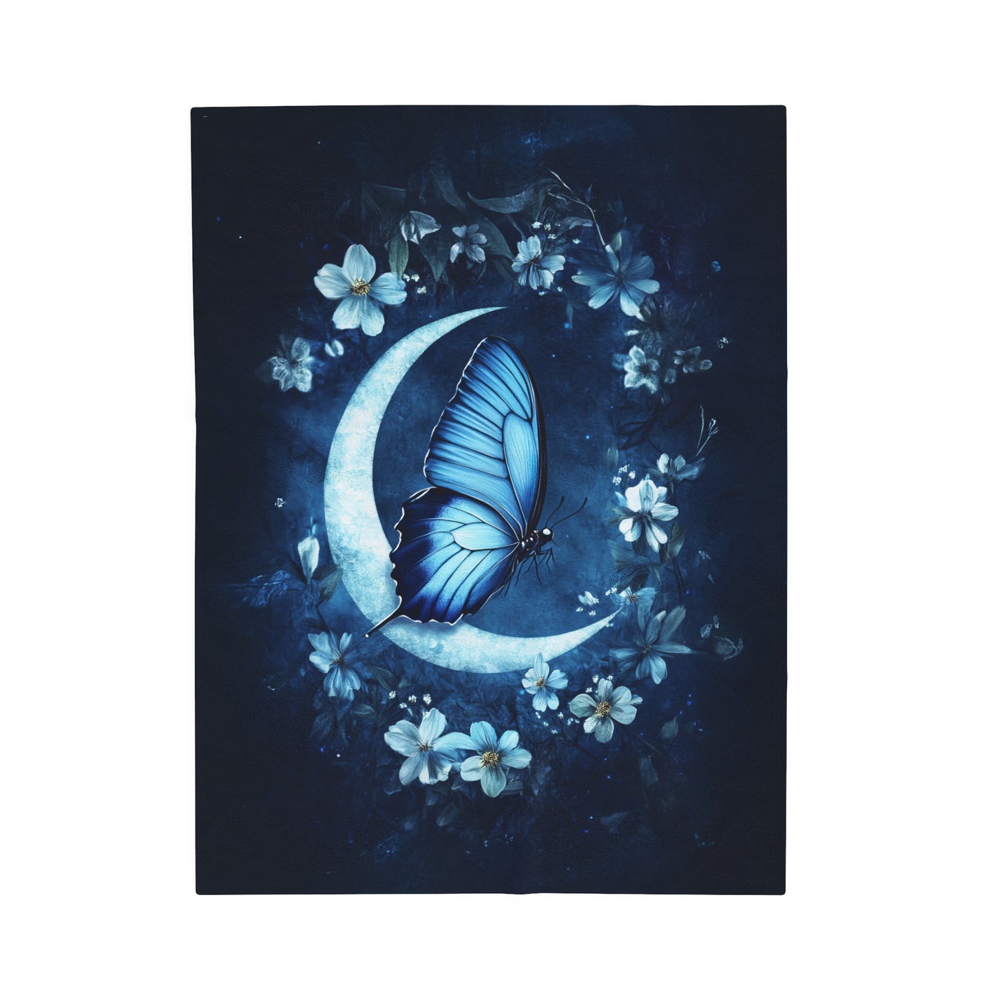 Celestial Blue Butterfly on a Crescent Moon Amidst Starlit Flowers Velveteen Plush Blanket 3 Sizes