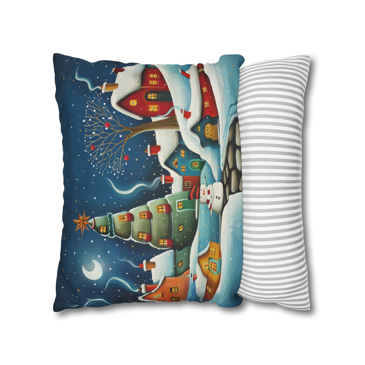 Starry Snowman Serenade: Village under a Starry Night Sky Spun Polyester Square Pillowcase 4 Sizes