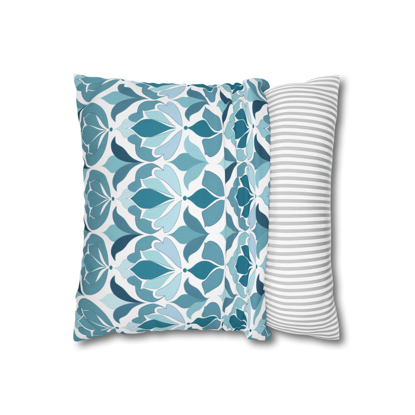 Serene Floral Pattern in Shades of Aqua and Teal, Forming Graceful Botanical Motifs Spun Polyester Square Pillowcase 4 Sizes