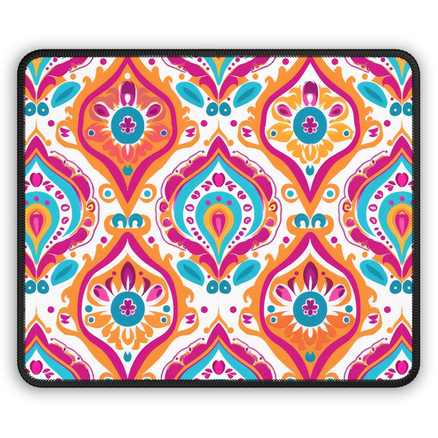 Bohemian Rapture of Floral Harmony in Lush Tangerine and Cerulean Gaming Mouse Pad with Finished Edges