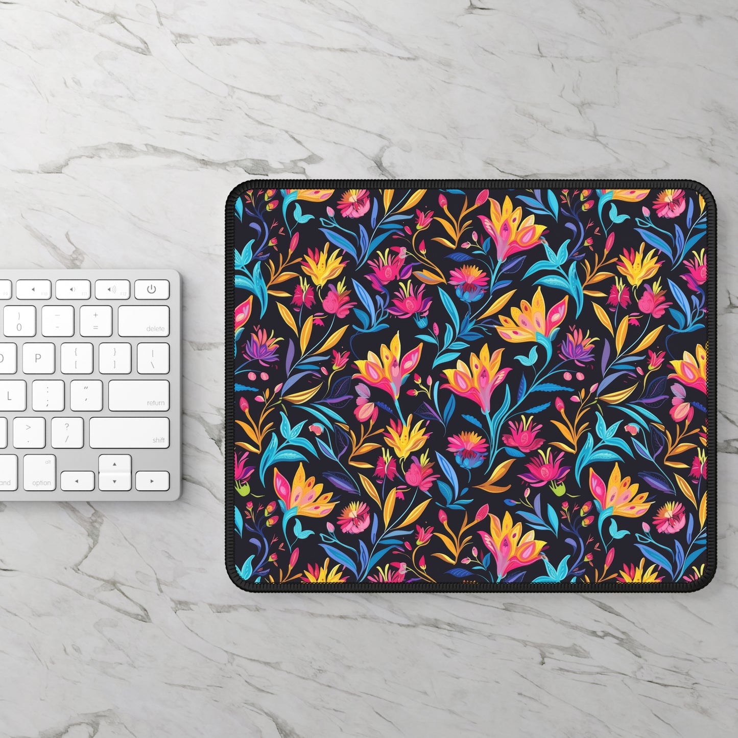 Vibrant Floral Fantasy in Midnight Garden Gaming Mouse Pad with Finished Edges