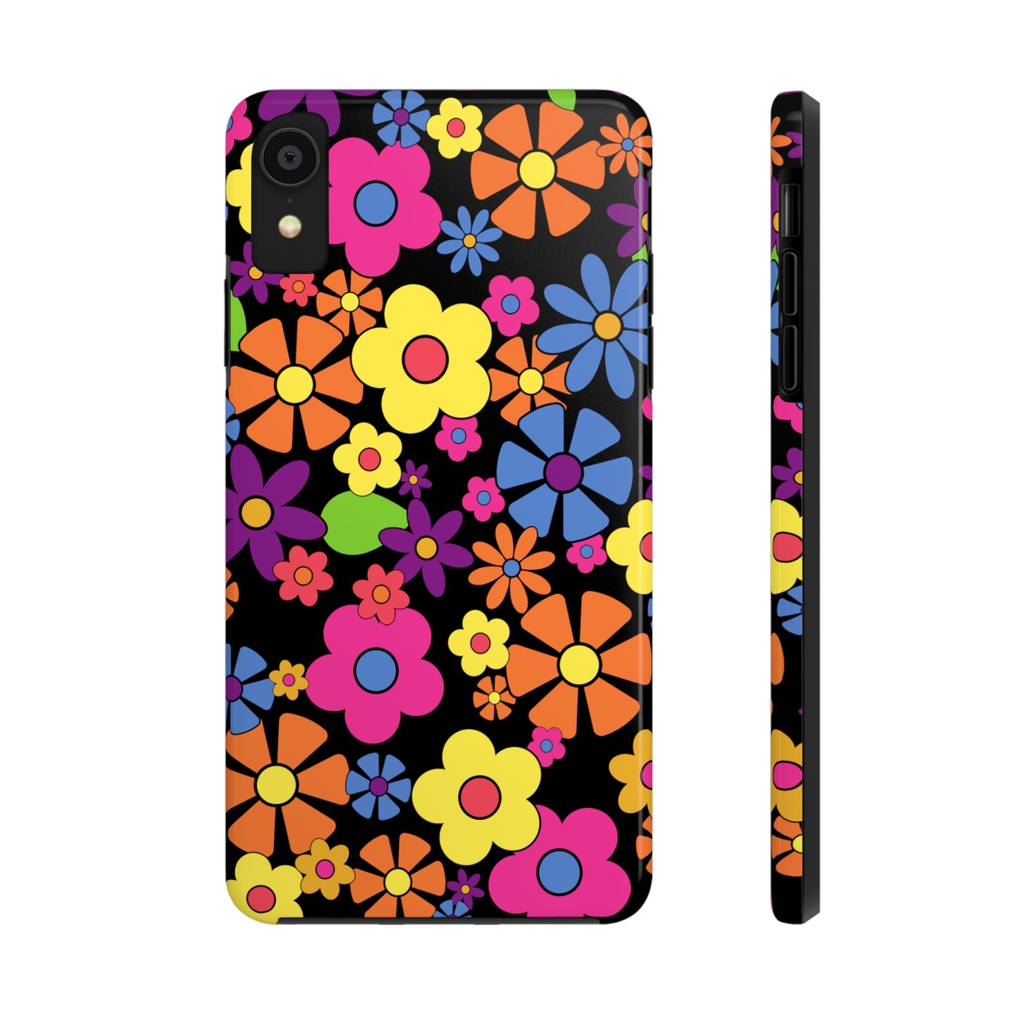 Flower Power Design on Black Background Iphone Tough Phone Case