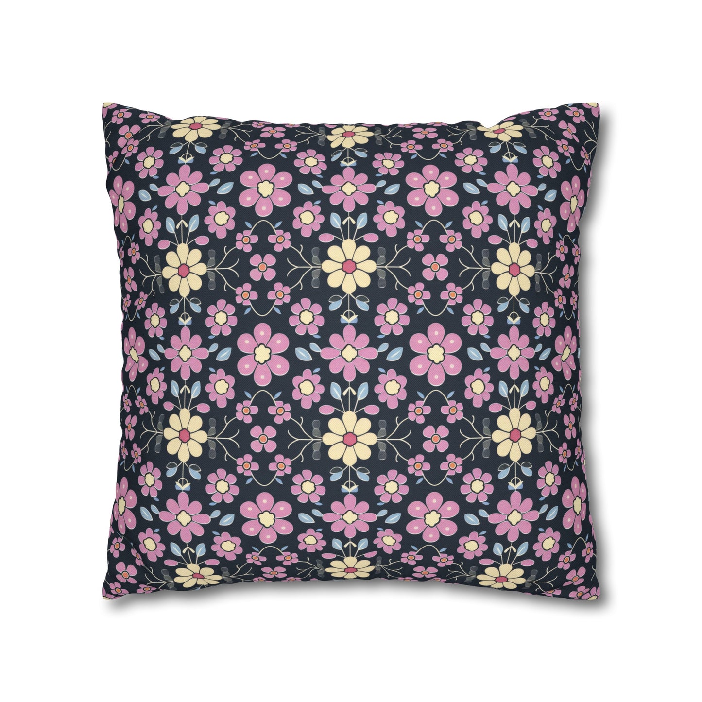 Charming Pastel Pink and Yellow Flowers on Navy Blue Background Spun Polyester Square Pillowcase 4 Sizes