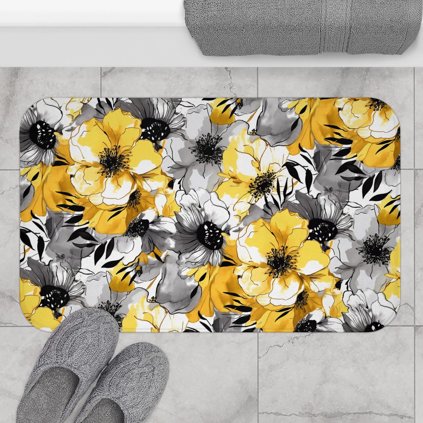 Soothing Radiance: Large Yellow and Grey Watercolor Flower Design - Bathroom Non-Slip Mat 2 Sizes