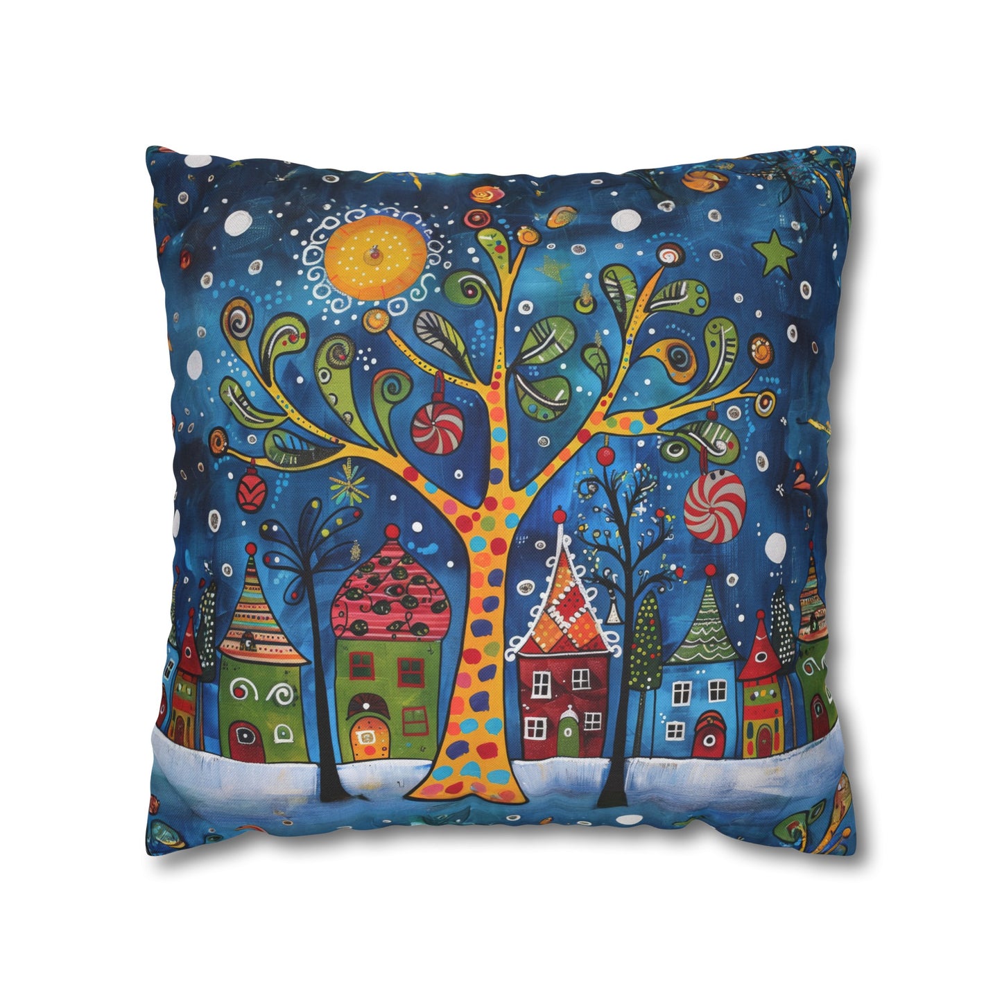 Winter Village Abstract Folk Art Christmas Scene Spun Polyester Square Pillowcase 4 Sizes