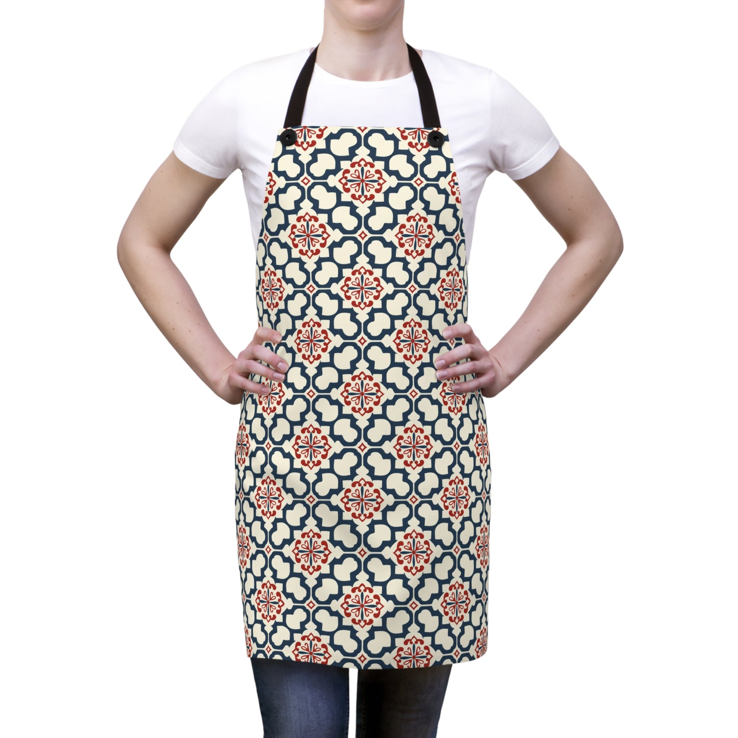 Traditional Korean Elegance in Bold Red and Navy Geometric Tile Pattern Kitchen Chef Apron