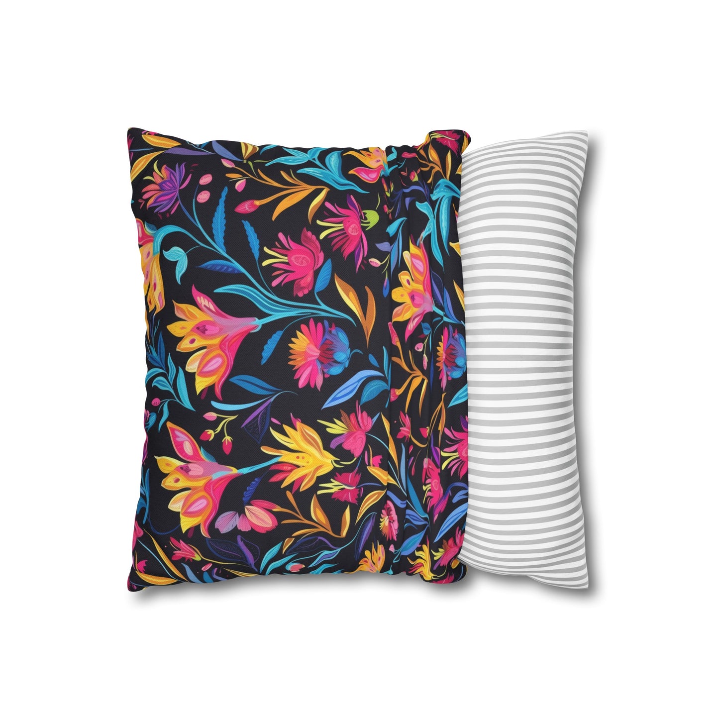 Vibrant Floral Fantasy in Midnight Garden Design Spun Polyester Square Pillowcase 4 Sizes