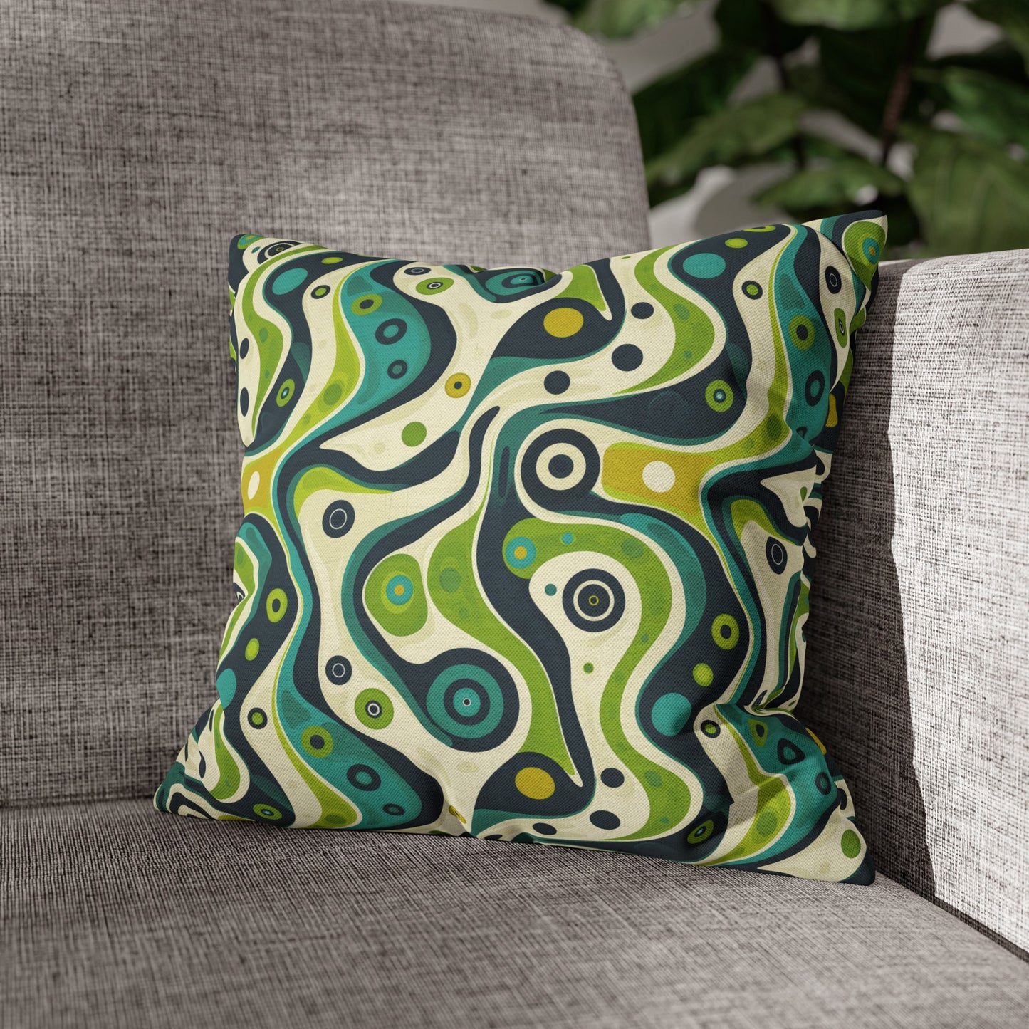 Groovy Retro Greens and Blues Abstract Waves Spun Polyester Square Pillowcase 4 Sizes