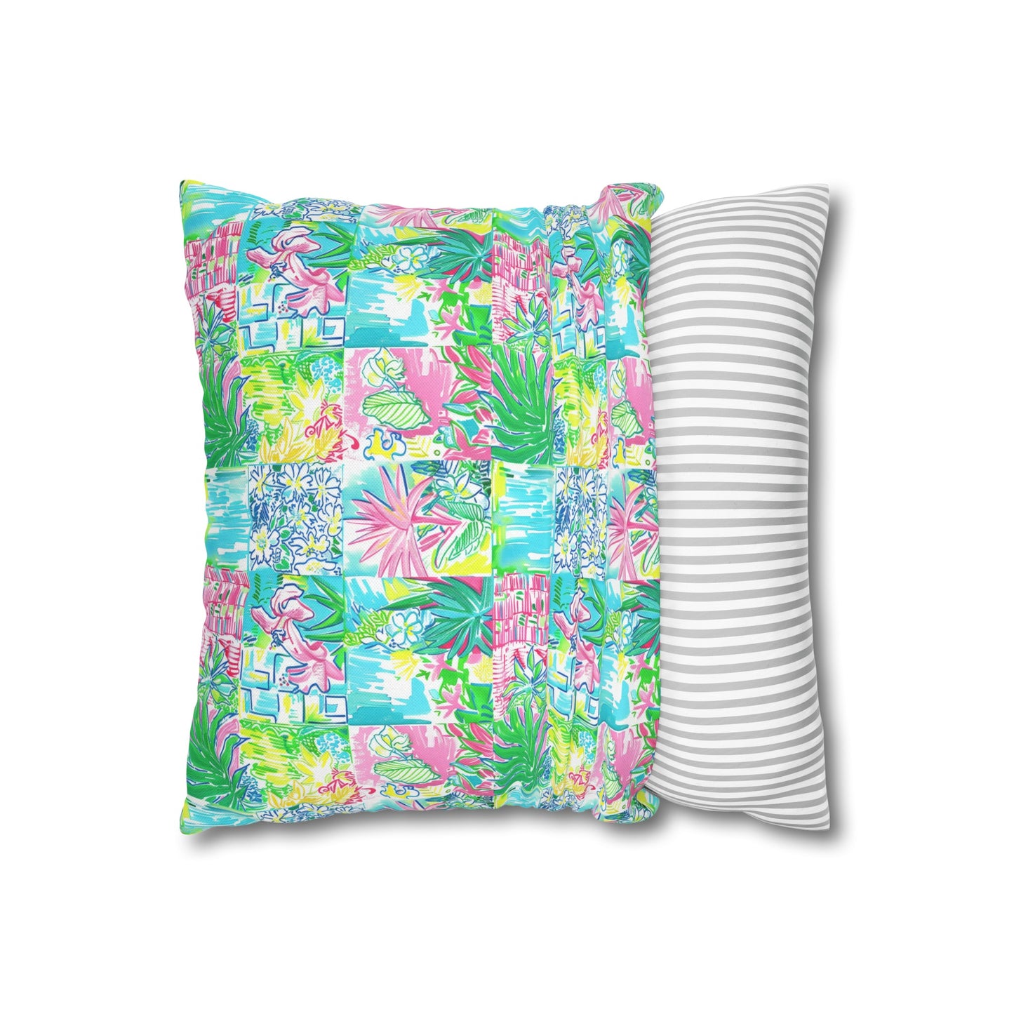 Whimsical Palm Trees and Flowers in Vibrant Pink, Teal, and Green Collage Spun Polyester Square Pillowcase 4 Sizes