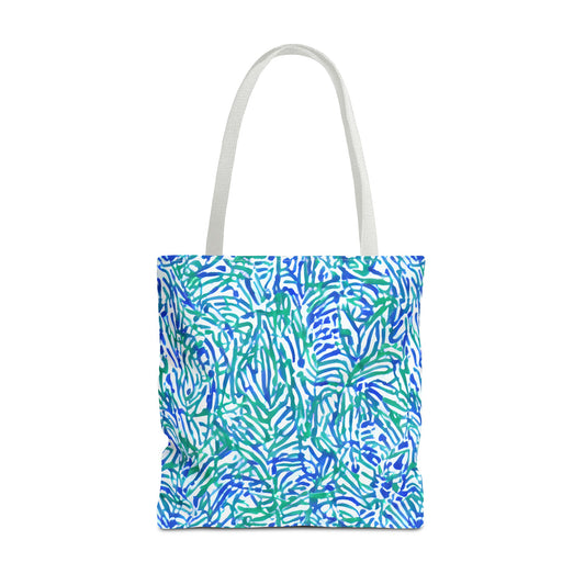 Tropical Fusion: Abstract Palm Leaves in Lime Green and Blue Hues Canvas Tote Bag 3 Sizes