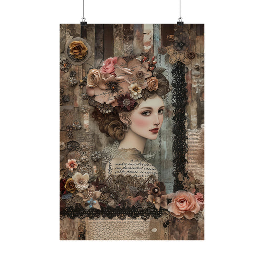 Vintage Victorian Lady in Couture Adorned with Flowers Print on Matte Poster  - 4 Sizes