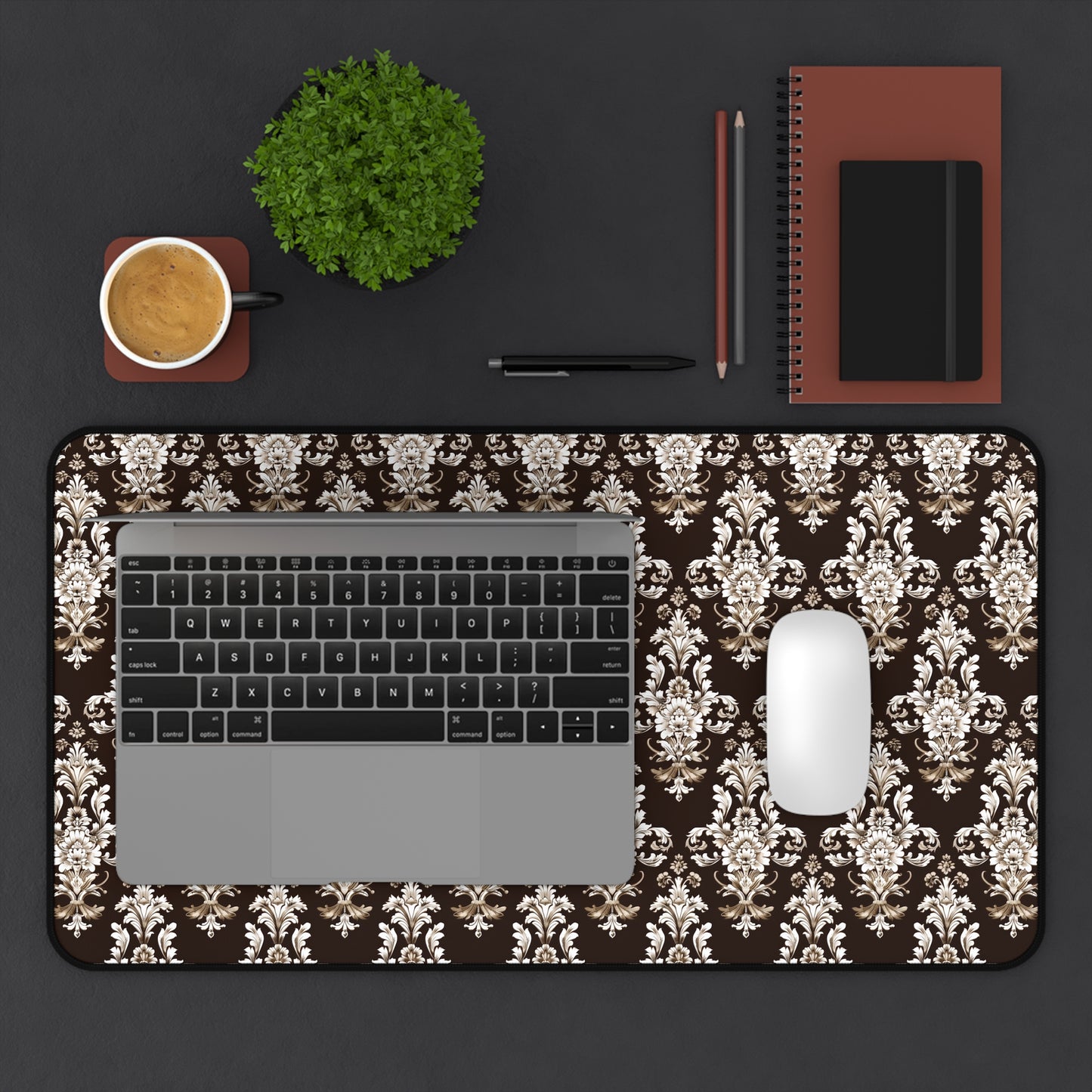 Elegant Rococo Pattern of Intricate Brown and White Floral Scroll Design Gaming Mouse Pad  Desk Mat  - 3 Sizes