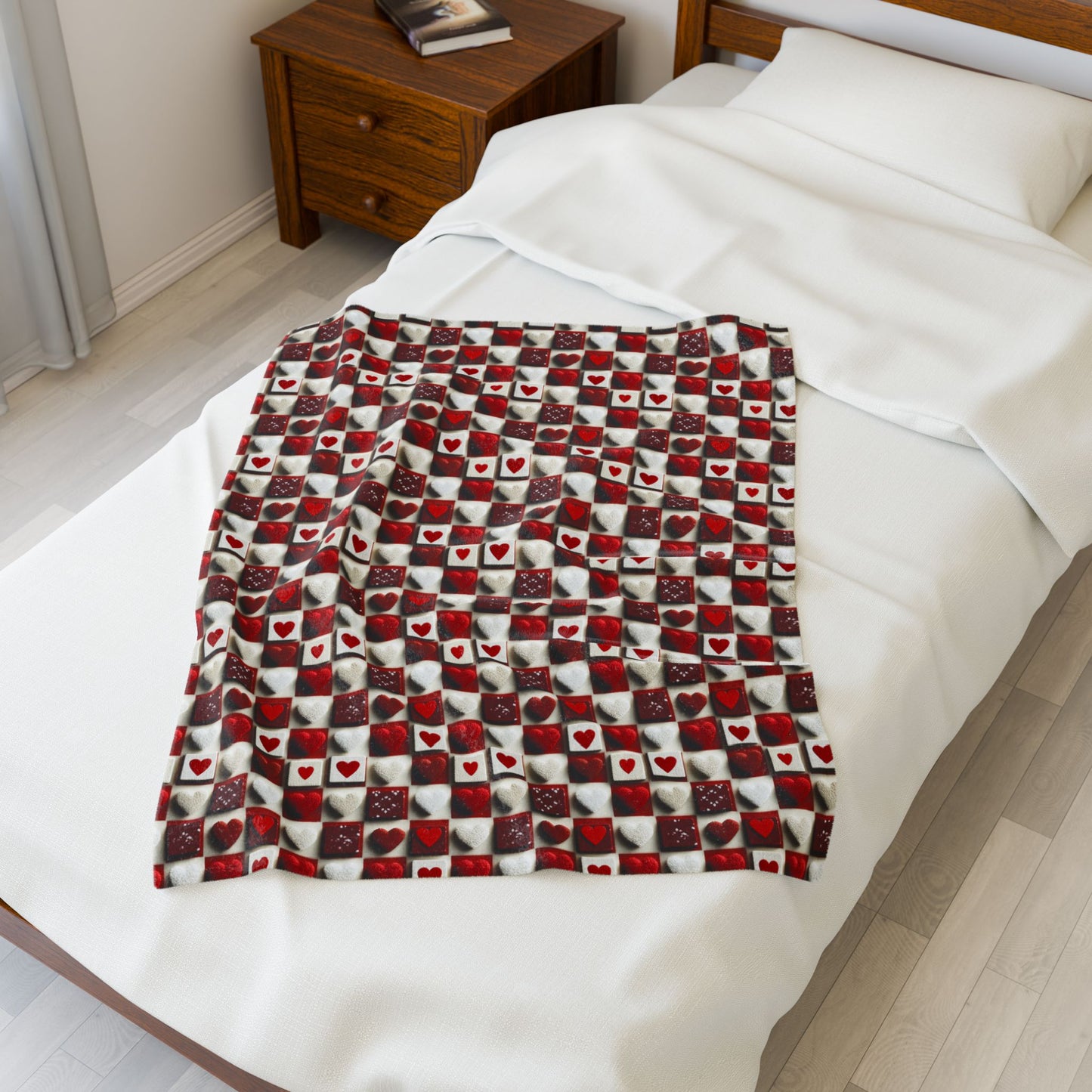 Checkered Hearts Valentines Print Velveteen Plush Blanket 3 Sizes