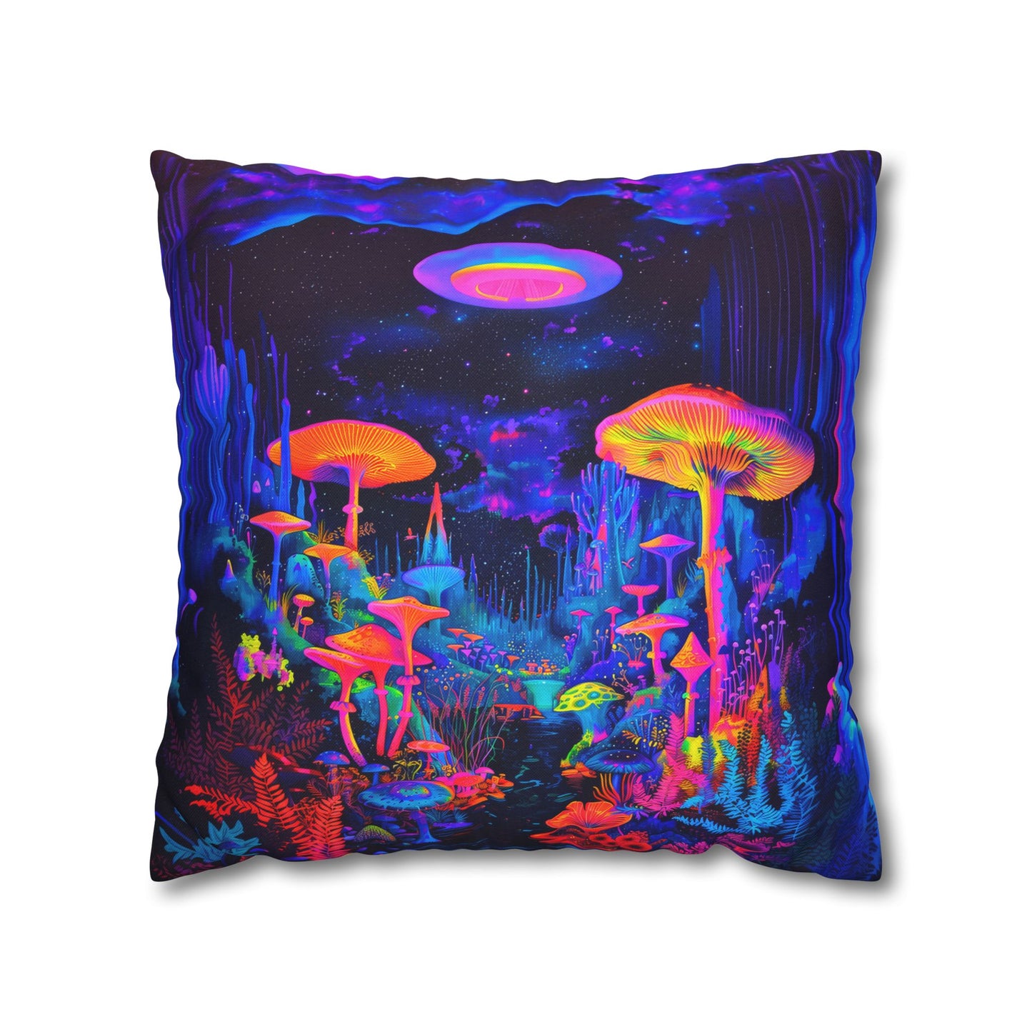 Vibrant Psychedelic Fantasy Neon Mushroom Forest Landscape Spun Polyester Square Pillowcase 4 Sizes