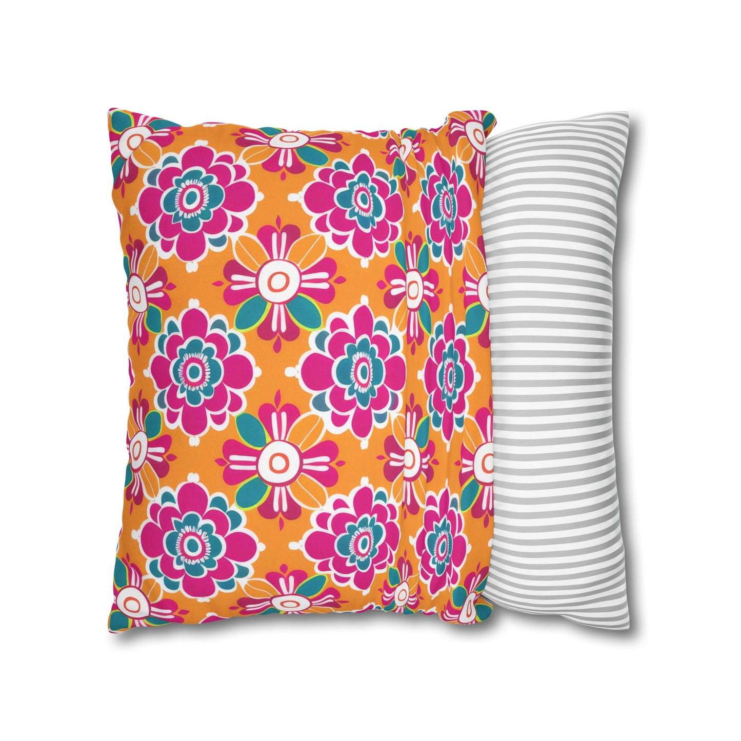 Array of Stylized Floral Motifs in Vivid Pink, Teal, and White Set Against a Warm Orange Backdrop Spun Polyester Square Pillowcase 4 Sizes