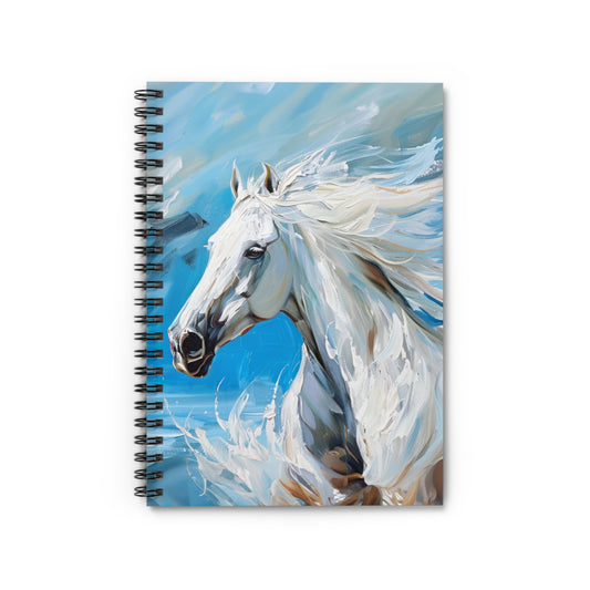 Majestic White Stallion Galloping Along the Ocean's Edge - Spiral Notebook Ruled Line 6"x8"