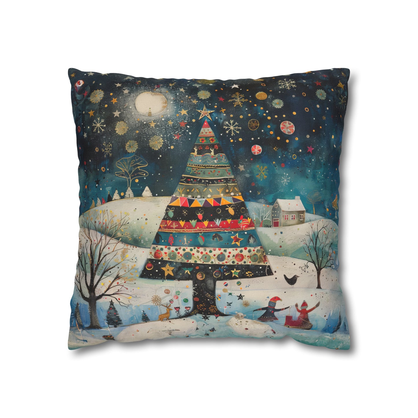 Nighttime Delights: Folk Art Christmas Tree Illuminating a Town, with Joyful Children Playing Below Spun Polyester Square Pillowcase 4 Sizes