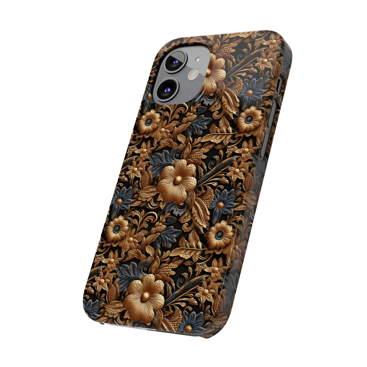 Tooled Leather Gold Flowers with Blue Leaves Accent Print Design Iphone 15-12 Slim Phone Case