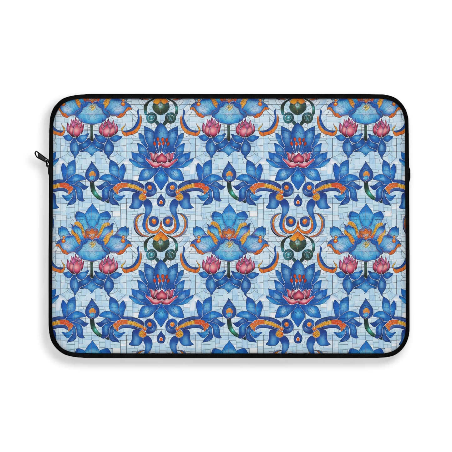 Majestic Mosaic Blossoms Vibrant Blue and Pink Floral Tile Design Laptop or Ipad Protective Sleeve 3 Sizes Available