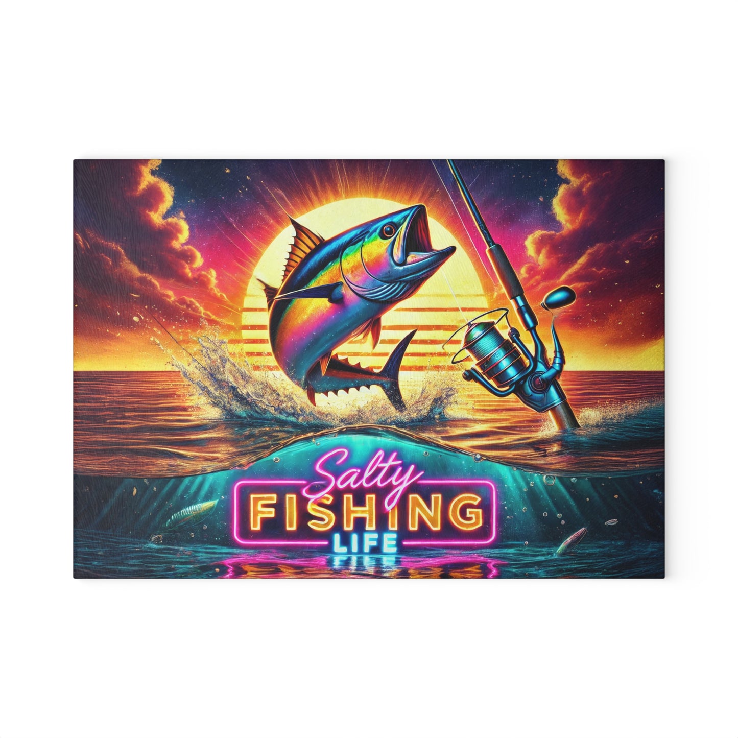 Salty Fishing Life, Sports Fishing Glass Cutting Board, Charcuterie Serving Tray 2 Sizes