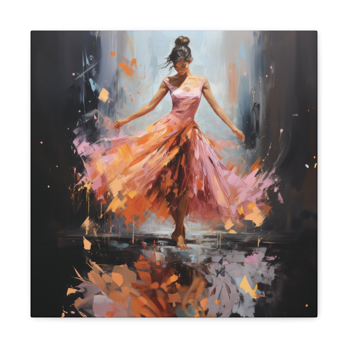 Swirling Splendor: Ballerina in Orange and Pink Dress Dancing Amidst the Reflecting Rain Print on Canvas Gallery - 13 Sizes