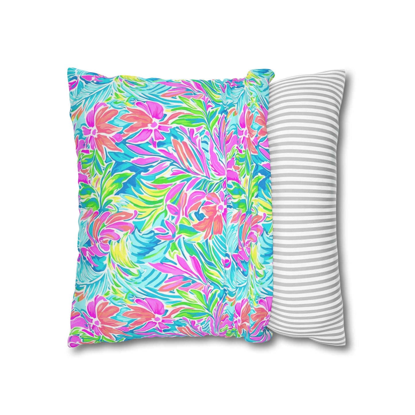 Neon Tropics: Vibrant Rainbow Flowers and Palm Leaves in Electric Splendor Spun Polyester Square Pillowcase 4 Sizes