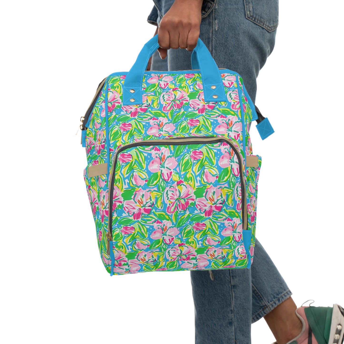 Whispering Meadows: Pink Blossoms, Lush Green Leaves, and Accents of Yellow and Blue Multifunctional Diaper Backpack