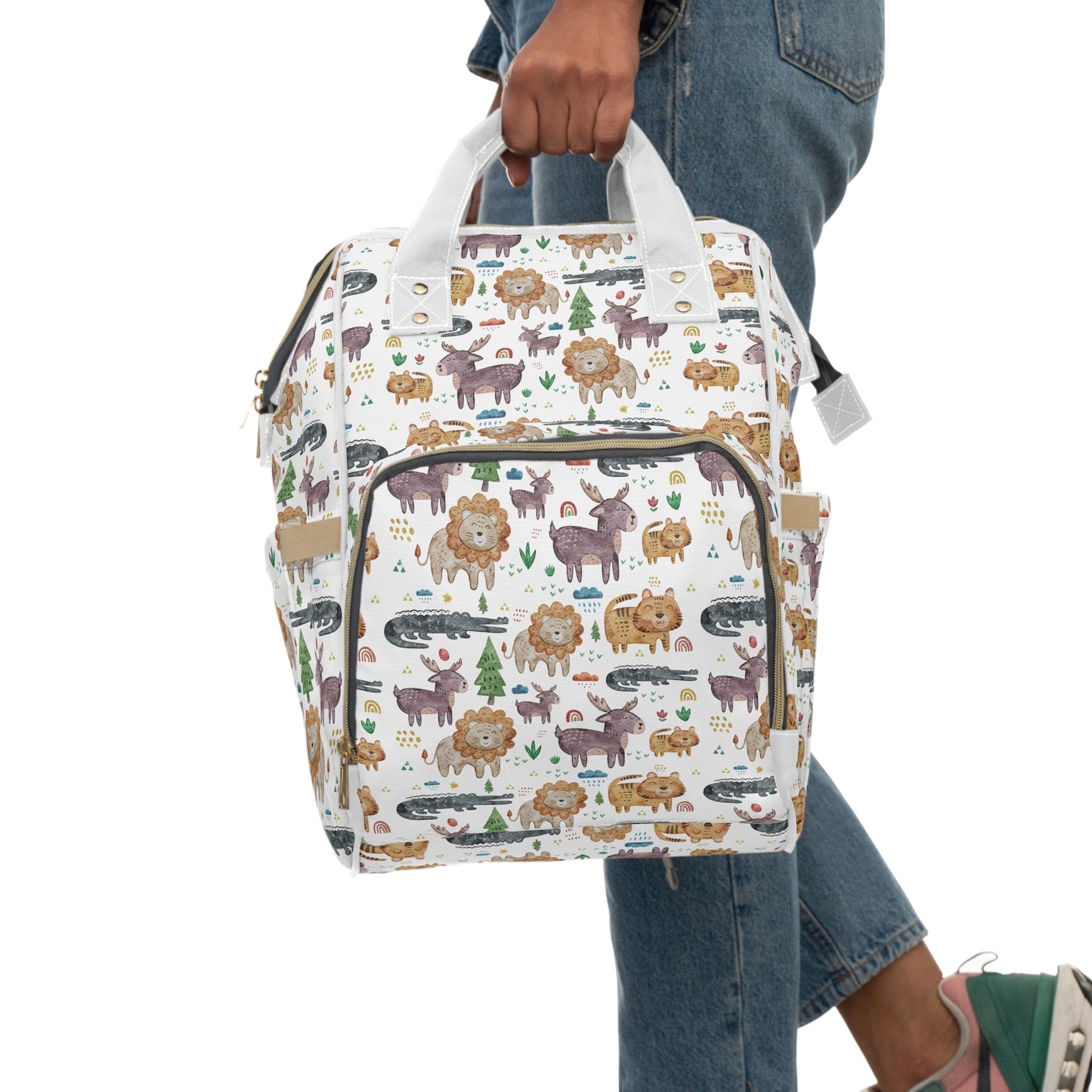 Jungle Jamboree: Kids' Cartoon Lions, Tigers, Alligators, and Reindeer Multifunctional Diaper Backpack