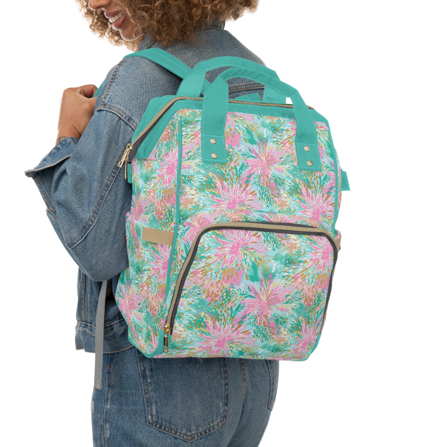 Soft Petal Symphony: Pastel Pink and Green Watercolor Flower Bursts Multifunctional Diaper Backpack