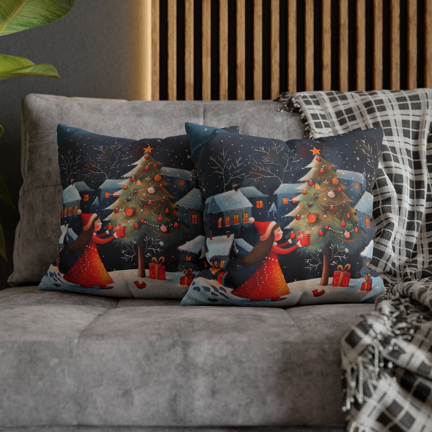 Joyful Surprise: Little Girl Admiring Christmas Tree with Presents Spun Polyester Square Pillowcase 4 Sizes