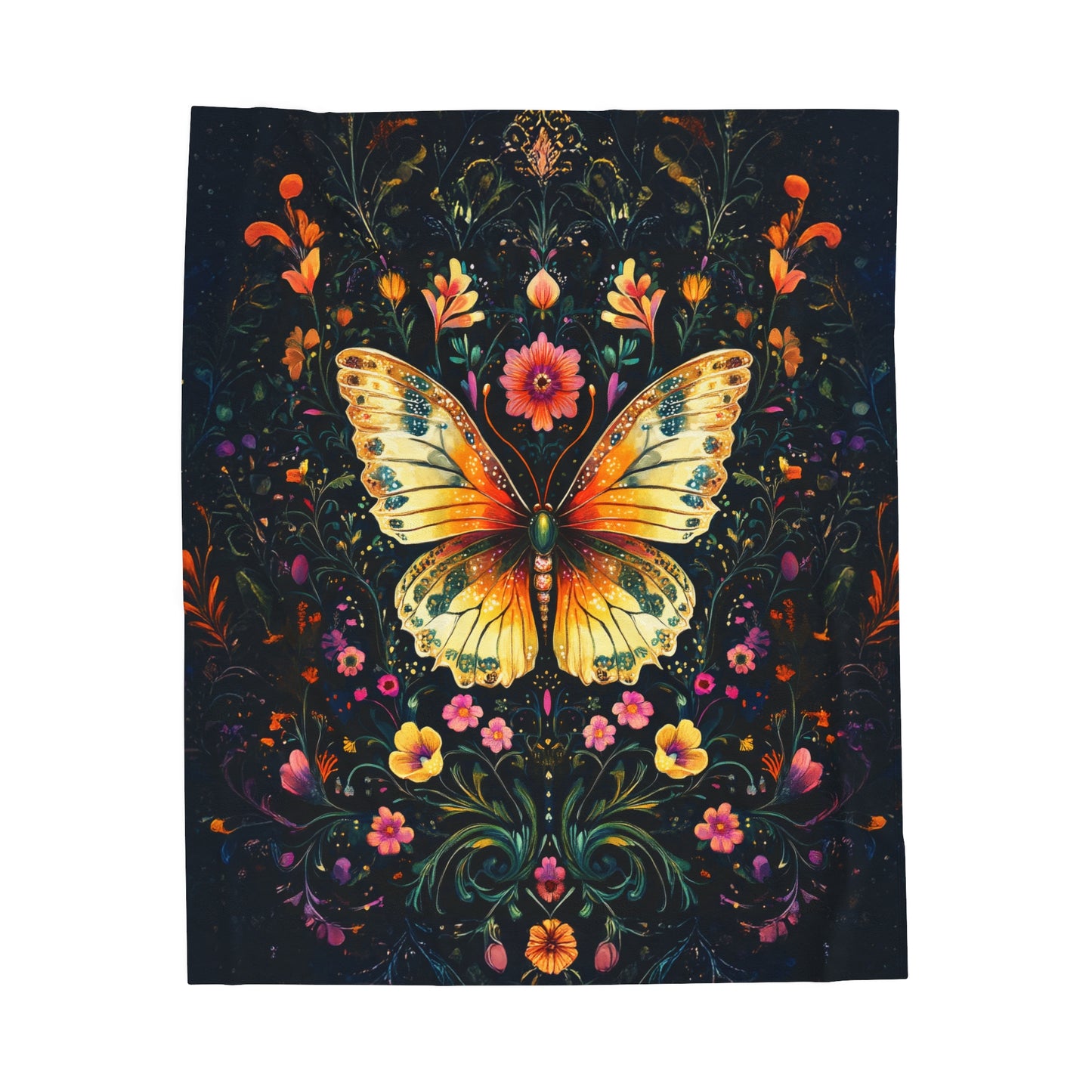 Enchanted Garden of Majestic Butterfly Amidst Midnight Blossoms Velveteen Plush Blanket 3 Sizes