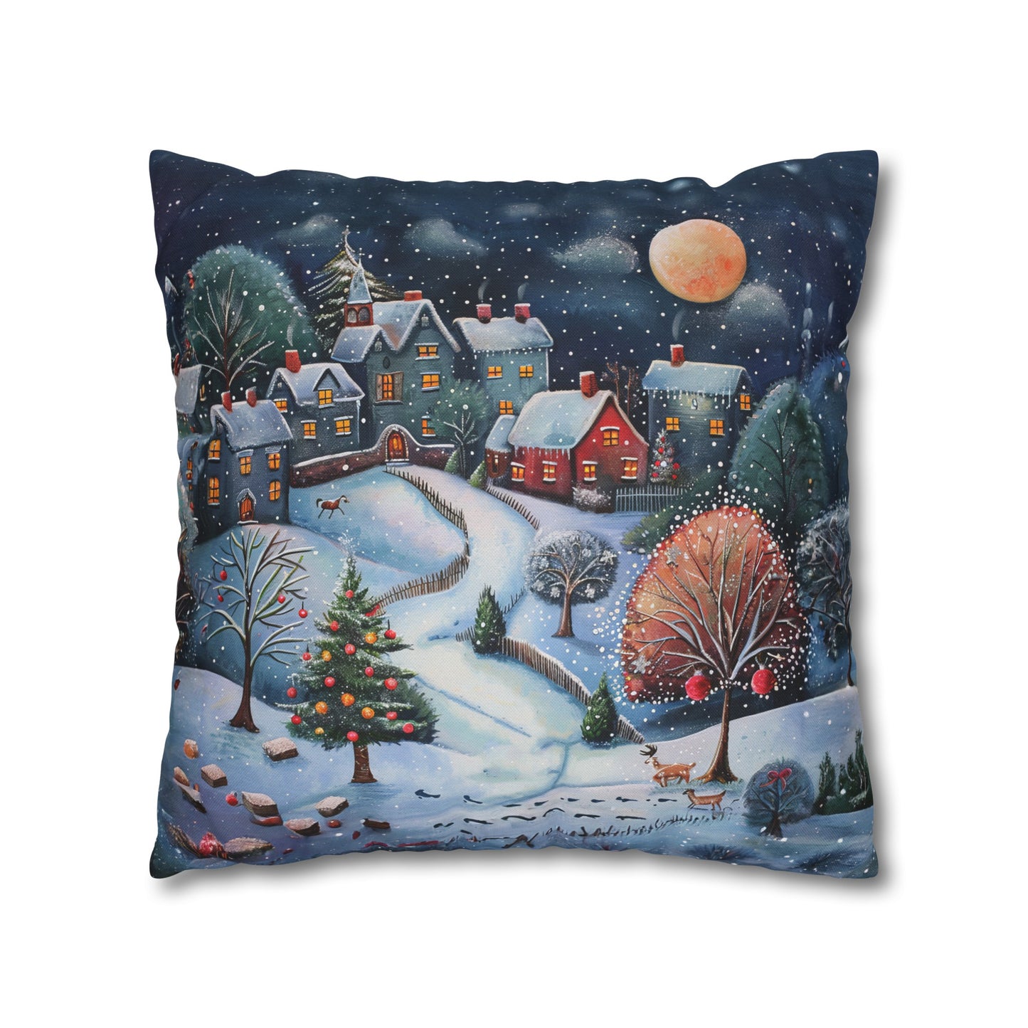 Snowy Serenade: Town at Winter Night with Reindeer Amidst the Snow  Spun Polyester Square Pillowcase 4 Sizes