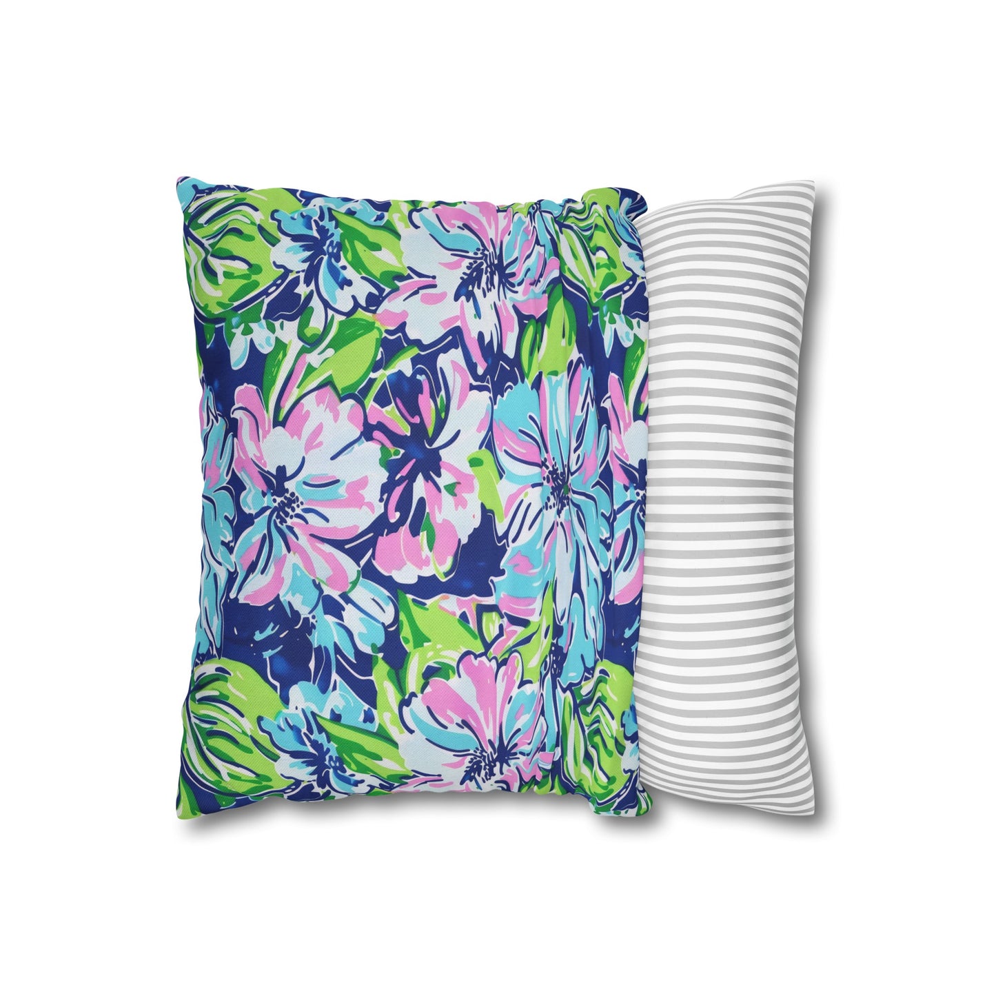 Seaside Coastal Pink, Navy, and Green Tropical Blooms Spun Polyester Square Pillowcase 4 Sizes