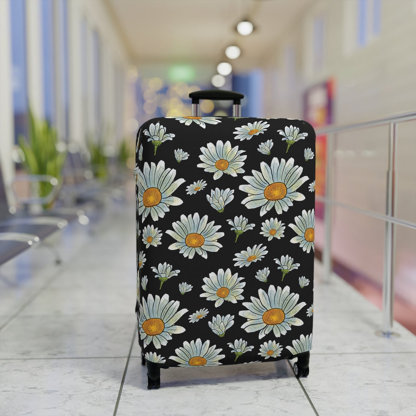 Large Watercolor Summer Daisies Blooming Against a Bold Black Background  - Luggage Protector and Cover 3 Sizes