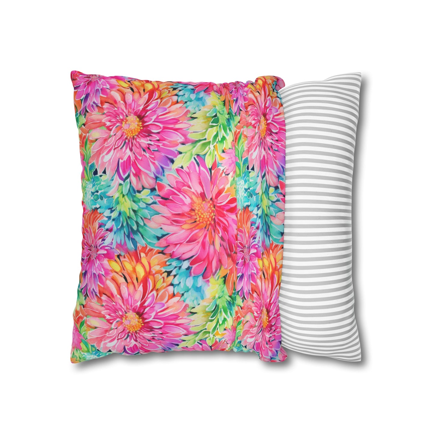 Blooming Spectrum: Large Vibrant Watercolor Flowers in Full Bloom Spun Polyester Square Pillowcase 4 Sizes